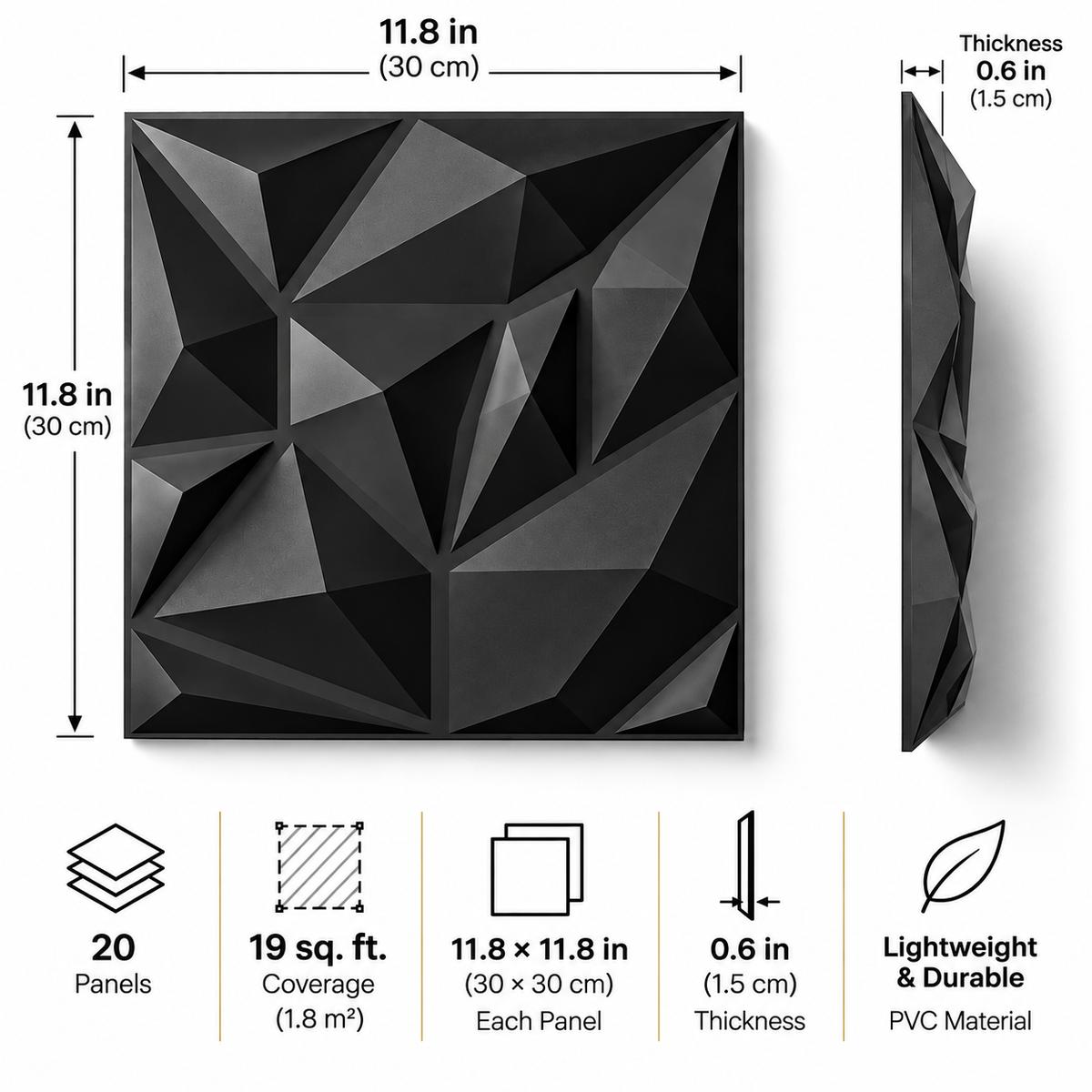 Black 3D geometric wall panels shown with dimension callouts and feature icons. The image includes a front view, side profile, measurements of 11.