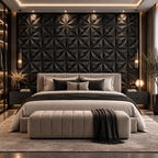 A luxury modern bedroom featuring a large bed with neutral beige bedding, a matching tufted bench at the foot, and a dramatic black 3D geometric textured wall behind it.
