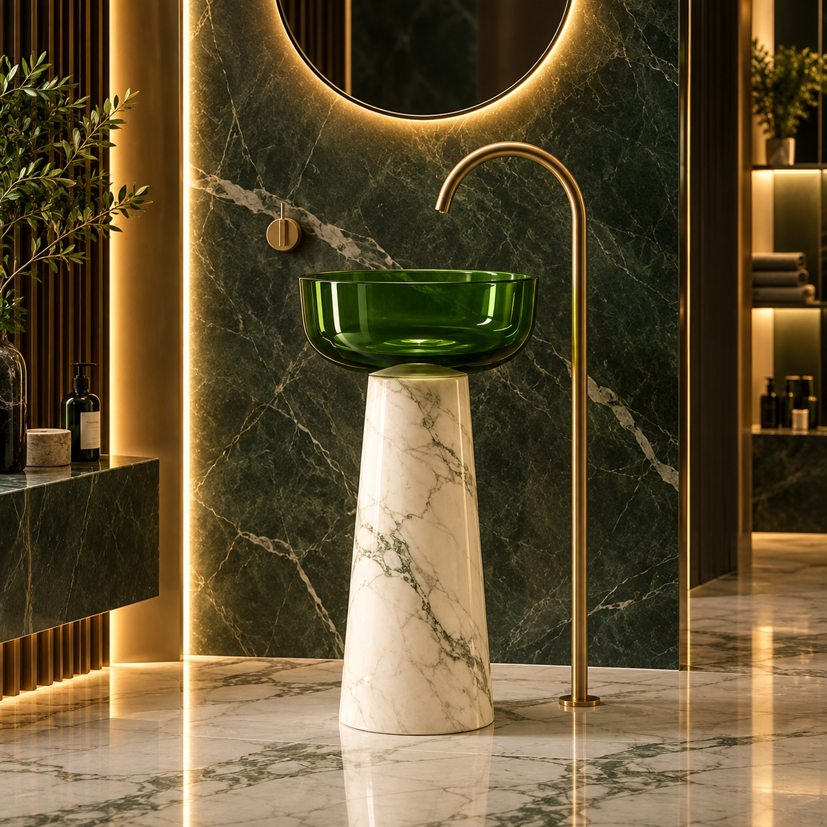 A modern pedestal sink with a green glass bowl and a white marble base, set against a dark green marble wall with a gold faucet in a luxurious bathroom.