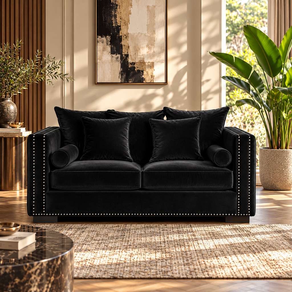 A black velvet loveseat sofa with matching throw pillows and nailhead trim, styled in a modern living room setting with plants, a rug, and wall art.