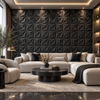 A modern living room featuring a large beige sectional sofa with black accent pillows, a round black marble coffee table, and a prominent dark charcoal 3D geometric textured wall behind the sofa.