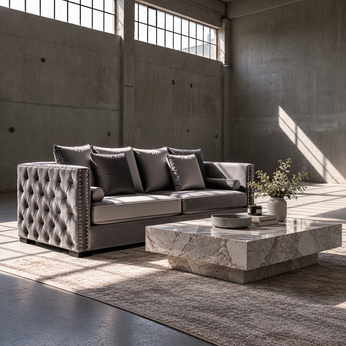 A modern dark gray tufted sofa with matching throw pillows in a minimalist concrete-walled room, styled with a marble coffee table and a textured rug.