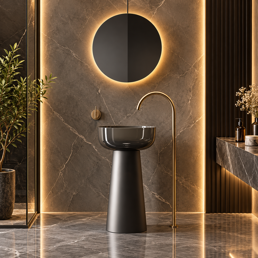 A modern pedestal bathroom sink with a dark translucent bowl and matte black base, paired with a curved matte brass faucet, set against a dark gray marble wall with warm LED lighting.