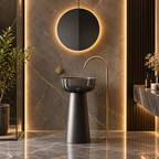 A modern pedestal bathroom sink with a dark translucent bowl and matte black base, paired with a curved matte brass faucet, set against a dark gray marble wall with warm LED lighting.