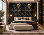 A modern bedroom featuring a large bed centered against a dramatic black geometric textured wall. The bed is dressed in neutral beige and gray bedding with a dark throw blanket, and a matching beige bench sits at the foot.