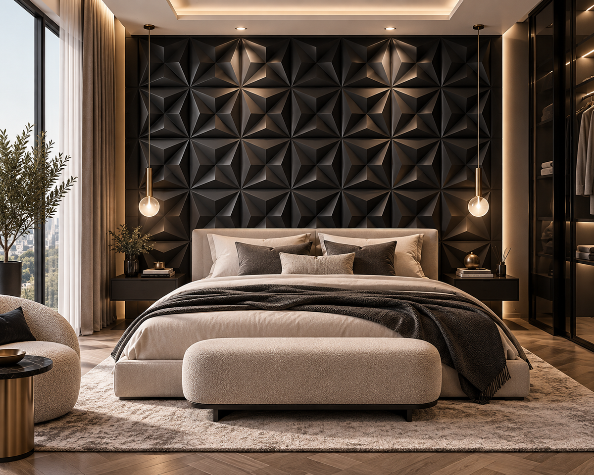 A modern bedroom featuring a large bed centered against a dramatic black geometric textured wall. The bed is dressed in neutral beige and gray bedding with a dark throw blanket, and a matching beige bench sits at the foot.