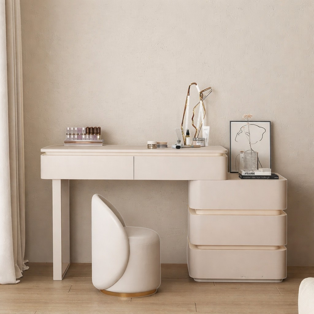 Beige desk with chair and storage unit against a beige wall
