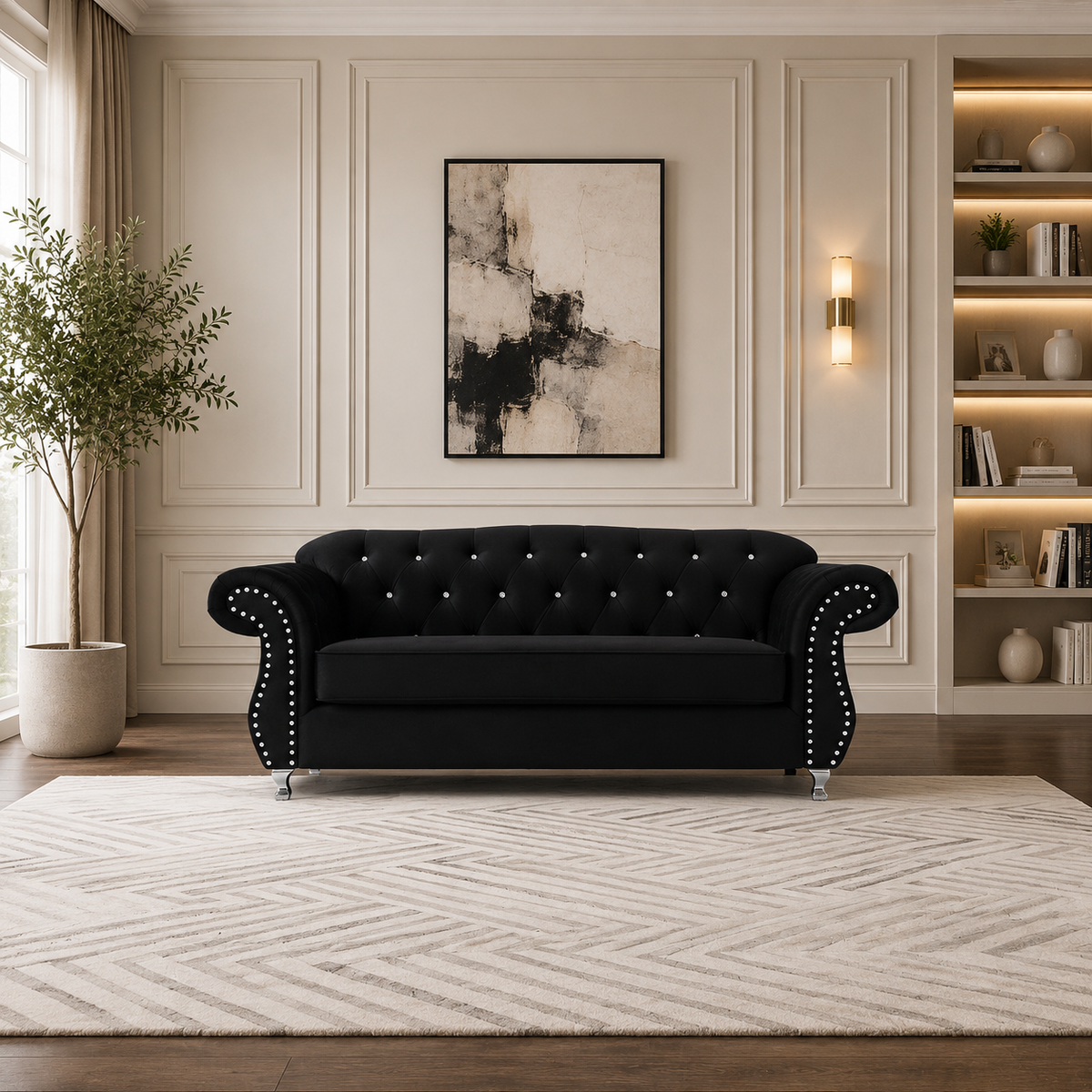 Luxury Chesterfield Velvet Sofa – Dark Grey & Black
