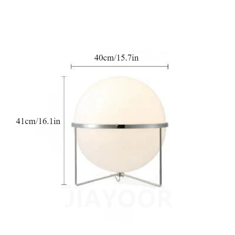 White spherical lamp with dimensions labeled on a white background