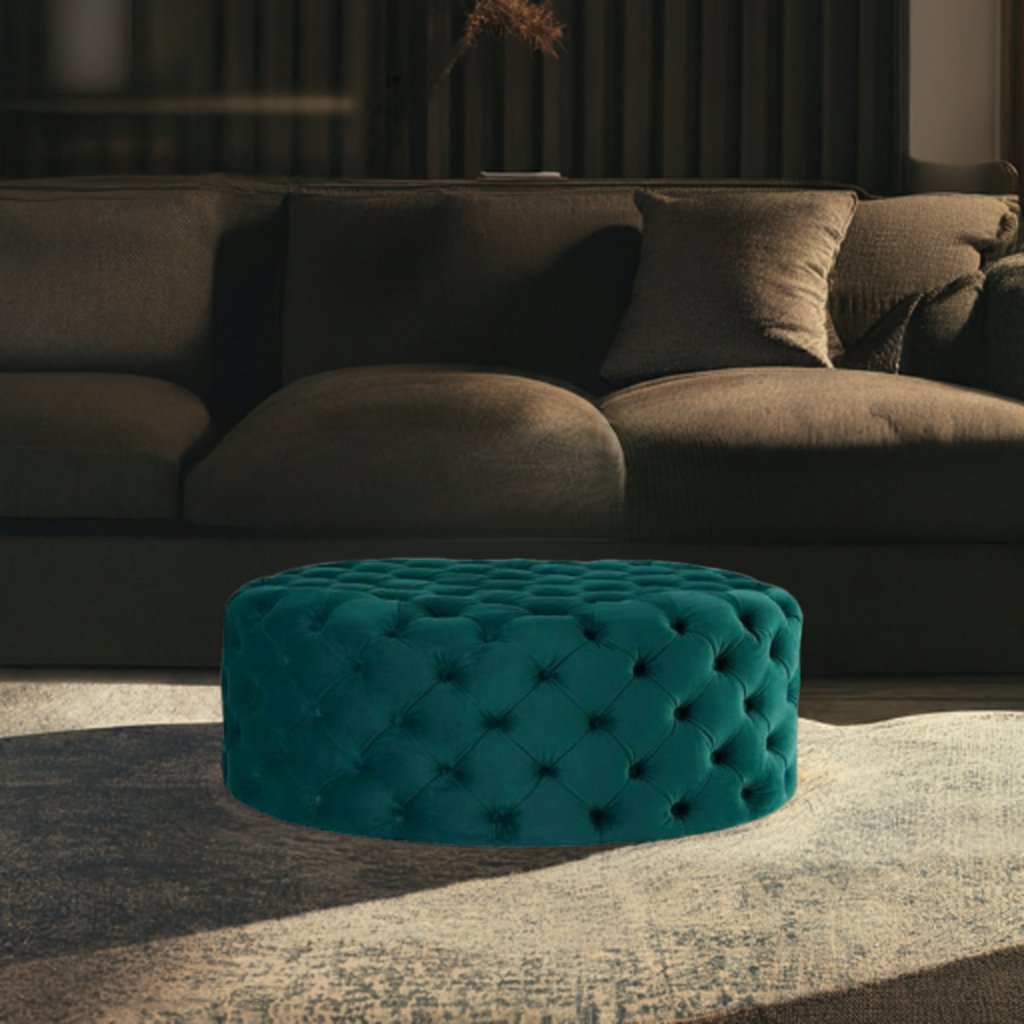 Footstool Chesterfield Green Velvet Luxury, [Rounded] - MOOAZAA 