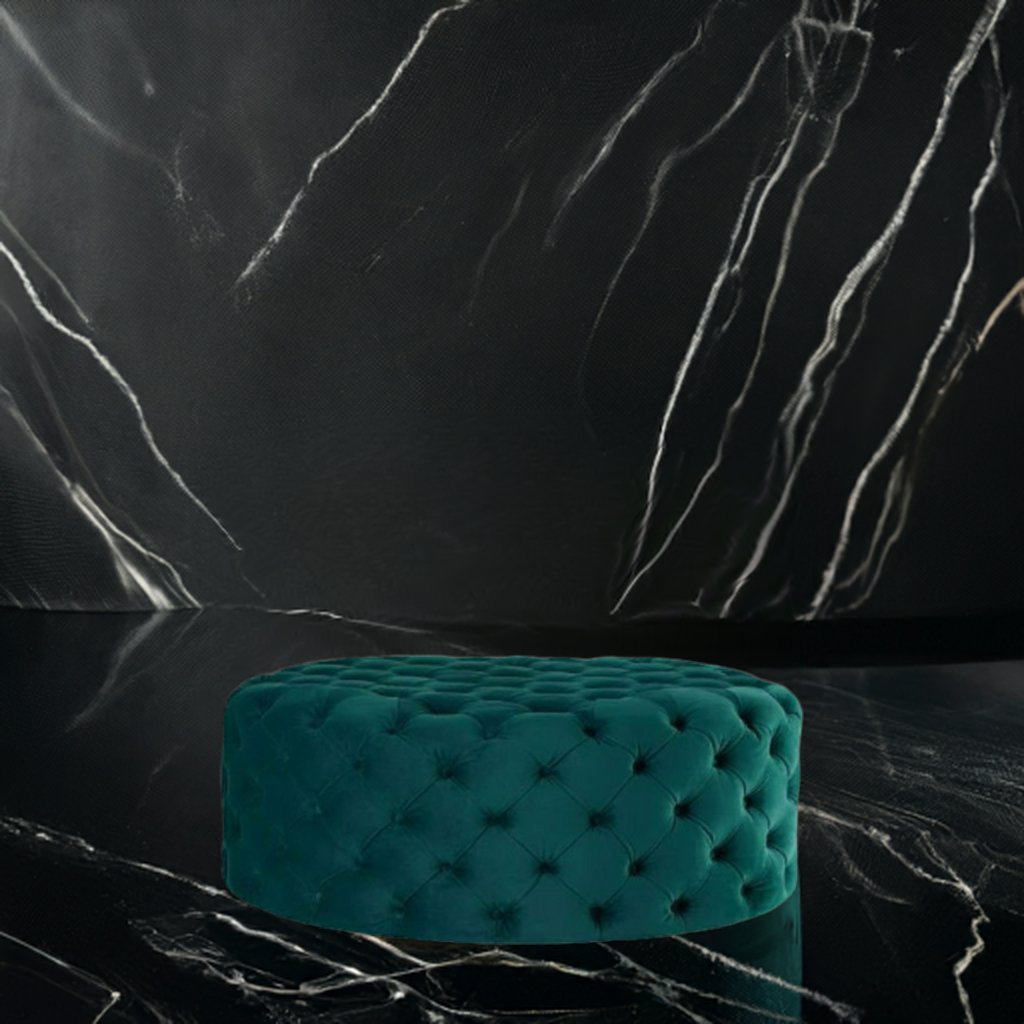 Footstool Chesterfield Green Velvet Luxury, [Rounded] - MOOAZAA 