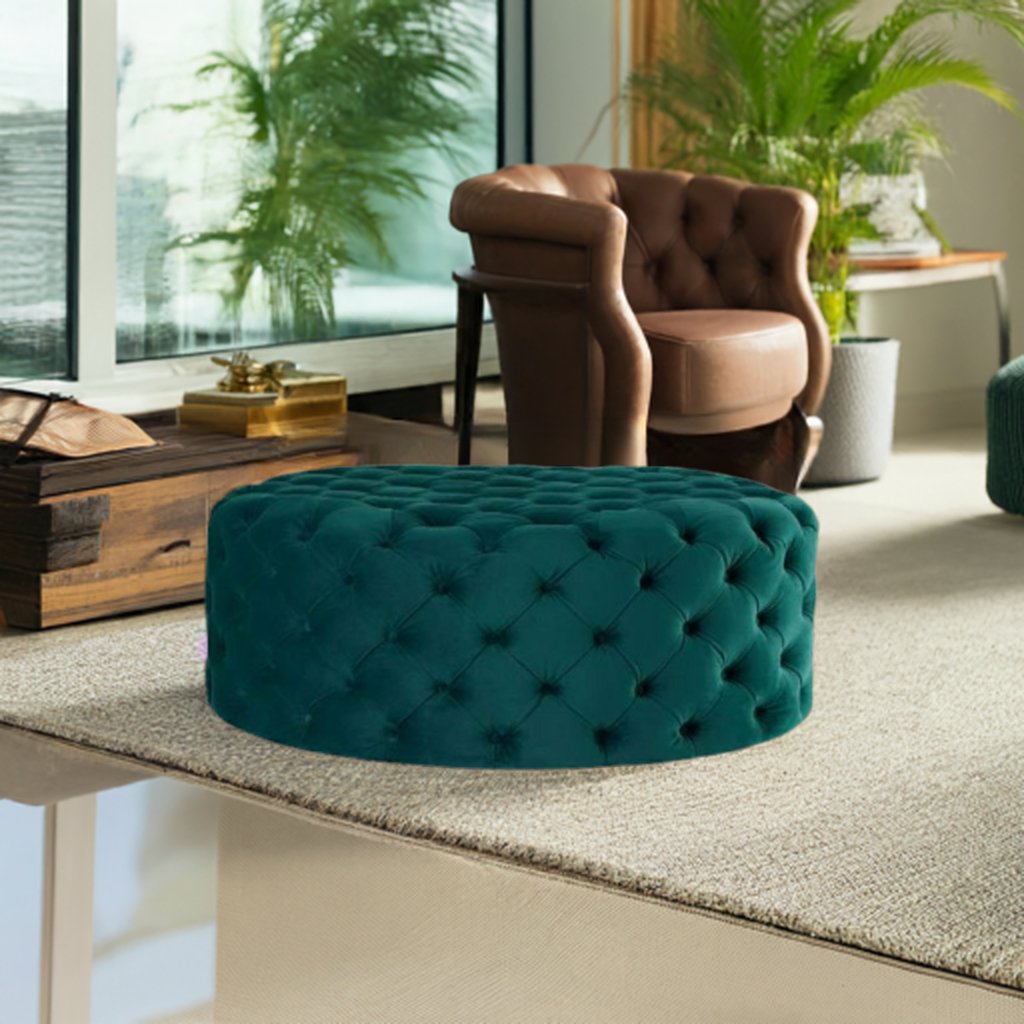 Footstool Chesterfield Green Velvet Luxury, [Rounded] - MOOAZAA 