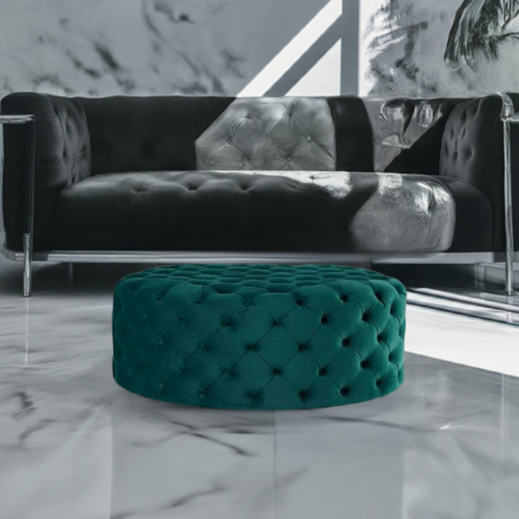 Footstool Chesterfield Green Velvet Luxury, [Rounded] - MOOAZAA 