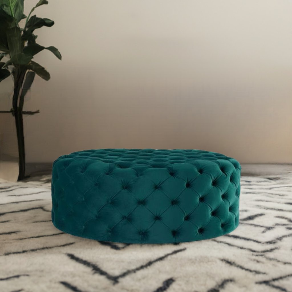 Footstool Chesterfield Green Velvet Luxury, [Rounded] - MOOAZAA 