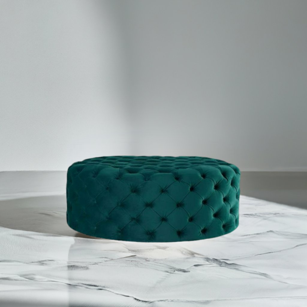 Footstool Chesterfield Green Velvet Luxury, [Rounded] - MOOAZAA 