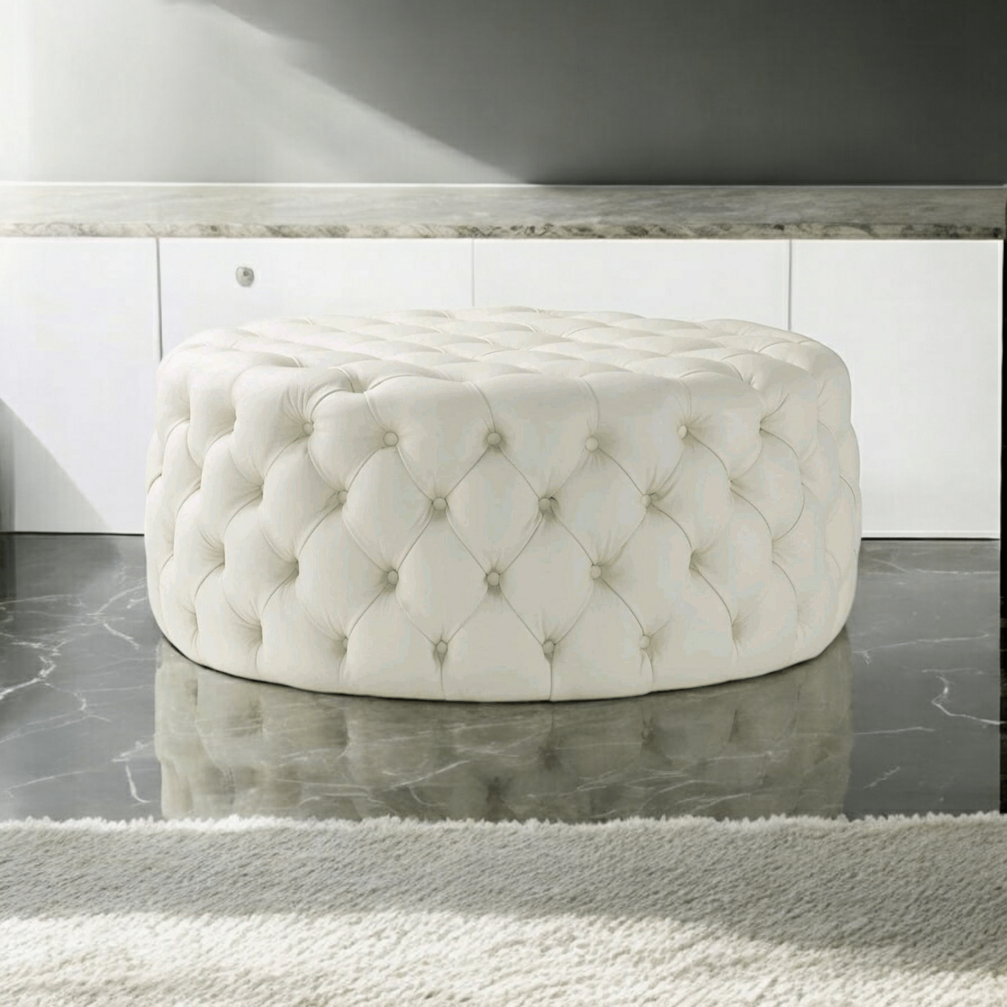 Footstool Chesterfield Light Cream Leather, [Rounded] - MOOAZAA 