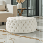 Footstool Chesterfield Light Cream Leather, [Rounded] - MOOAZAA 