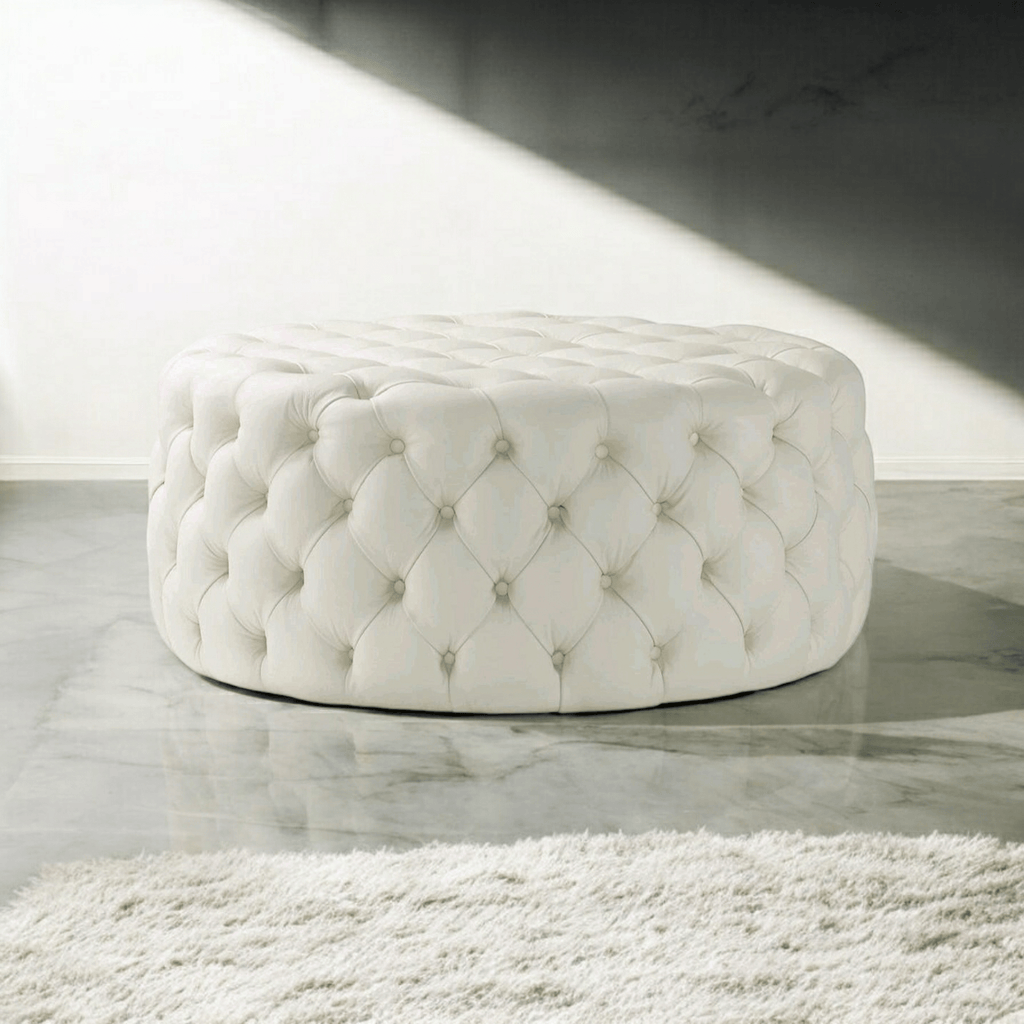 Footstool Chesterfield Light Cream Leather, [Rounded] - MOOAZAA 