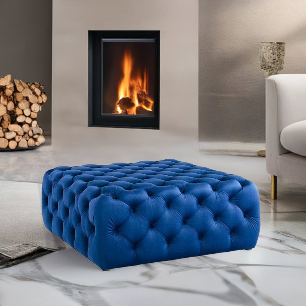 Footstool Chesterfield Velvet Navy Blue, [Squared] - MOOAZAA 
