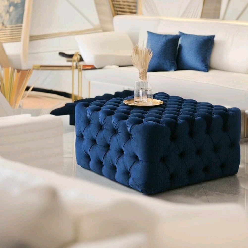 Footstool Chesterfield Velvet Navy Blue, [Squared] - MOOAZAA 