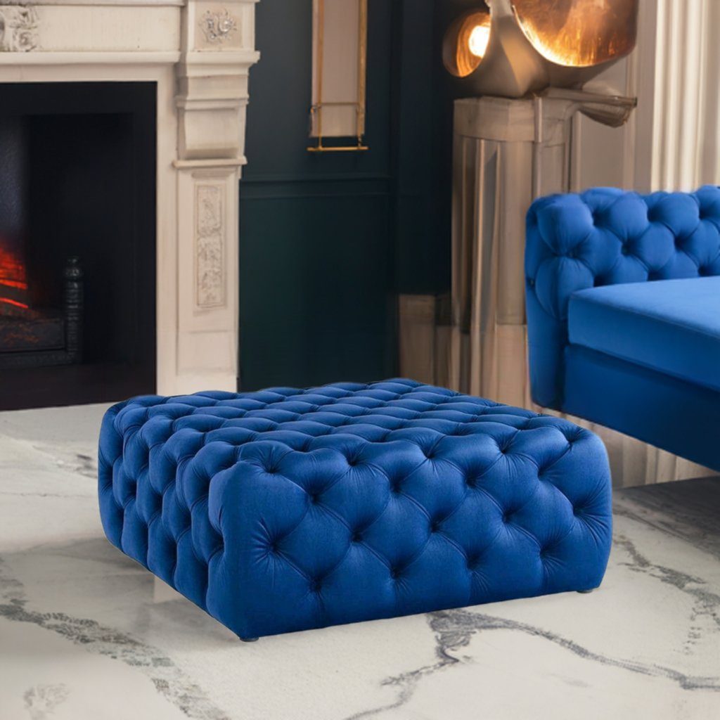 Footstool Chesterfield Velvet Navy Blue, [Squared] - MOOAZAA 