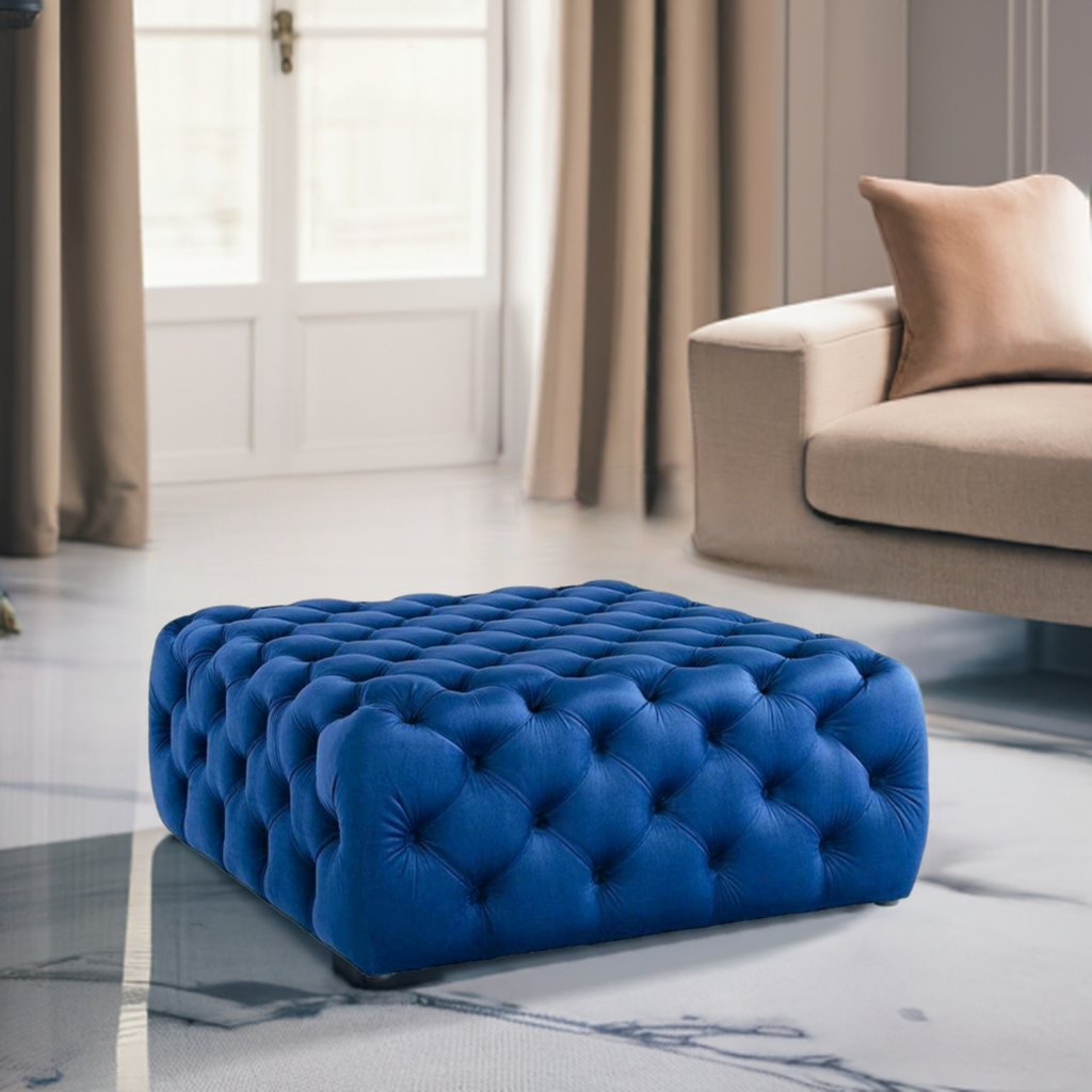 Footstool Chesterfield Velvet Navy Blue, [Squared] - MOOAZAA 