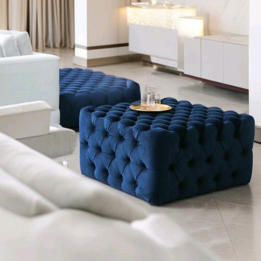 Footstool Chesterfield Velvet Navy Blue, [Squared] - MOOAZAA 