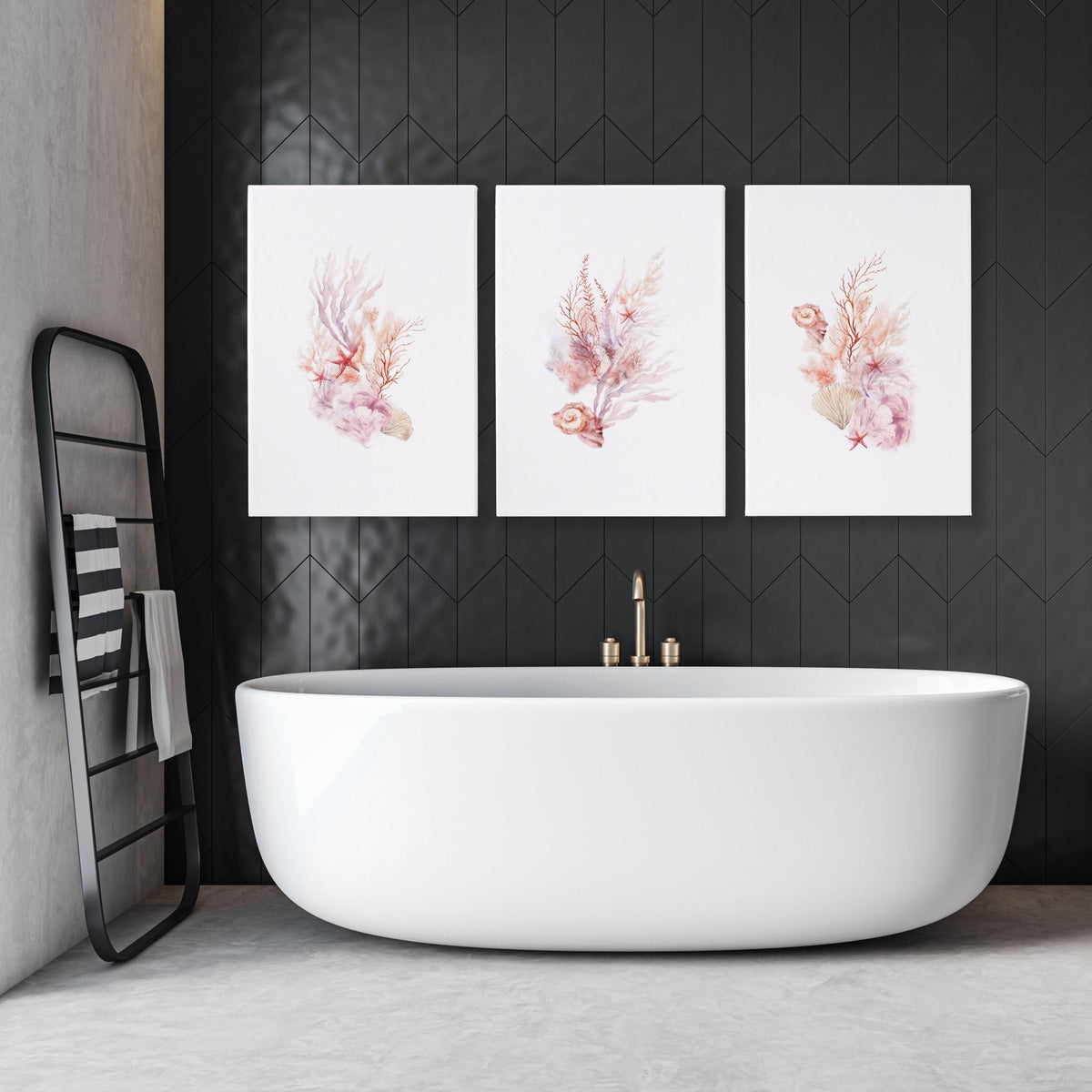 Framed Pictures For The Bathroom | Set of 3 Seashells Wall art Prints