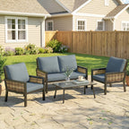 Outsunny 4 Seater Rattan Garden Furniture Set with 2 Armchairs, Loveseat, Coffee Table, Garden Sofa Set with Cushions, Grey