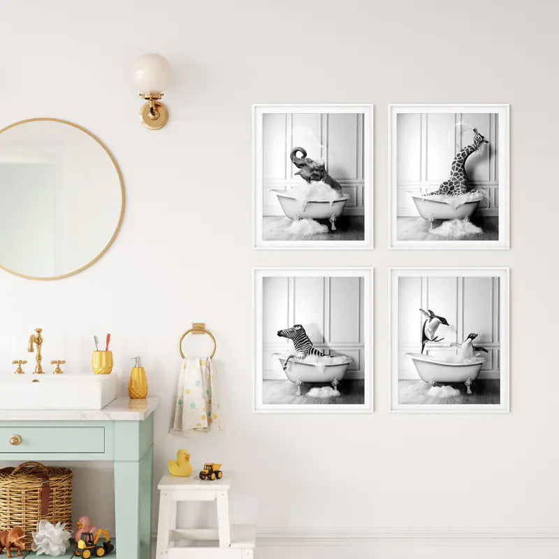 Modern Animal Bathroom Poster – Black & White Canvas Wall Art Print
