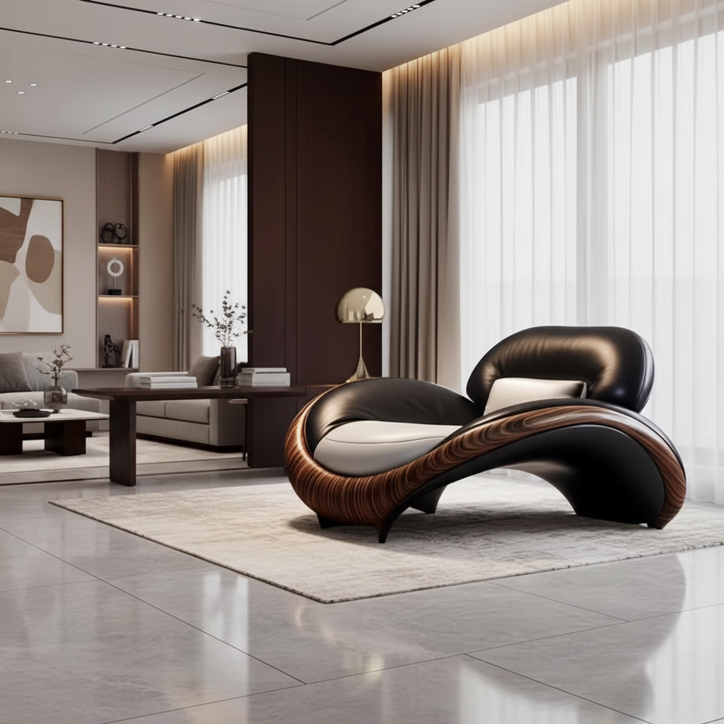 Modern living room with a unique brown and black chair.