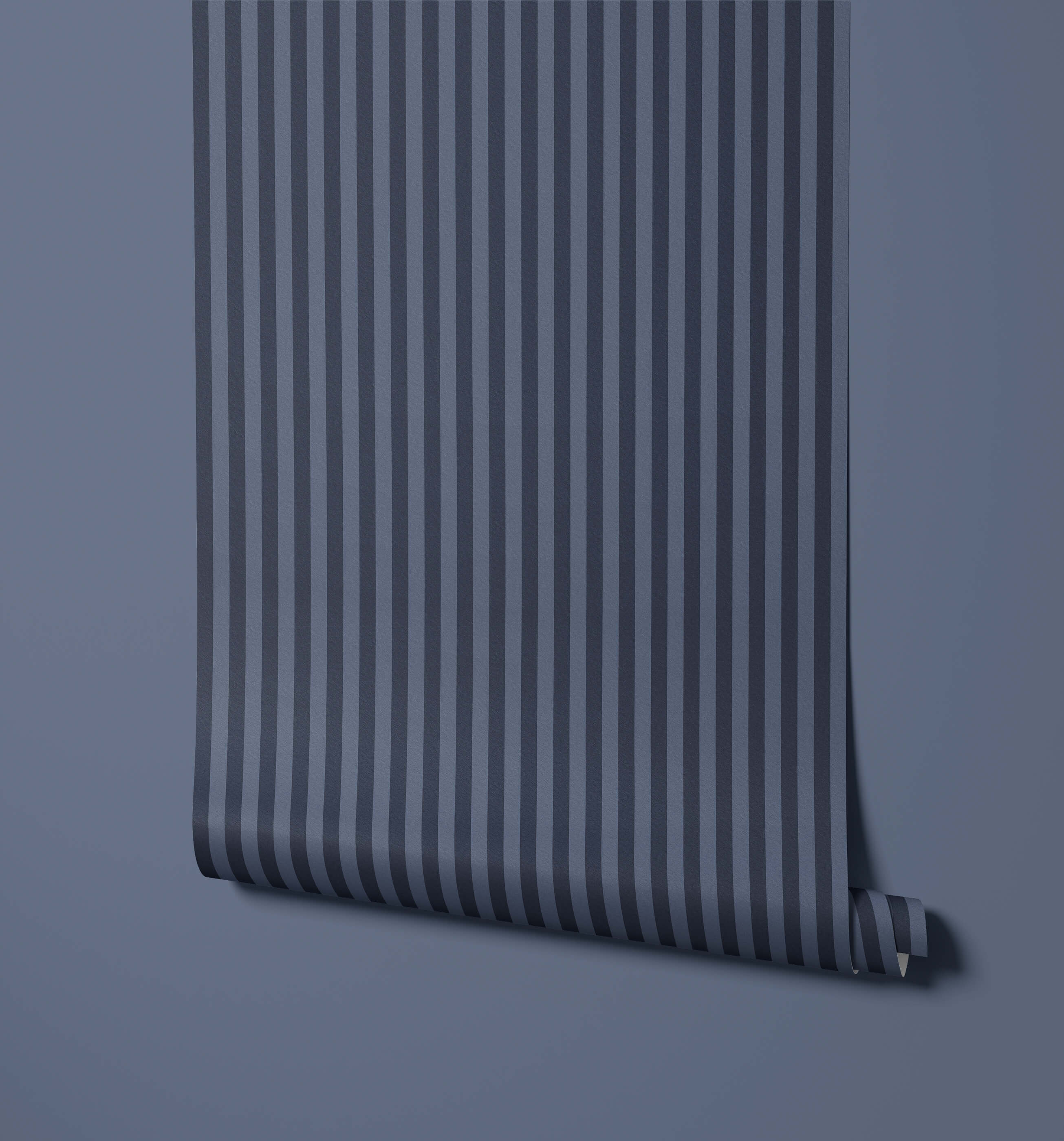 Roll of dark blue striped wallpaper on a matching background