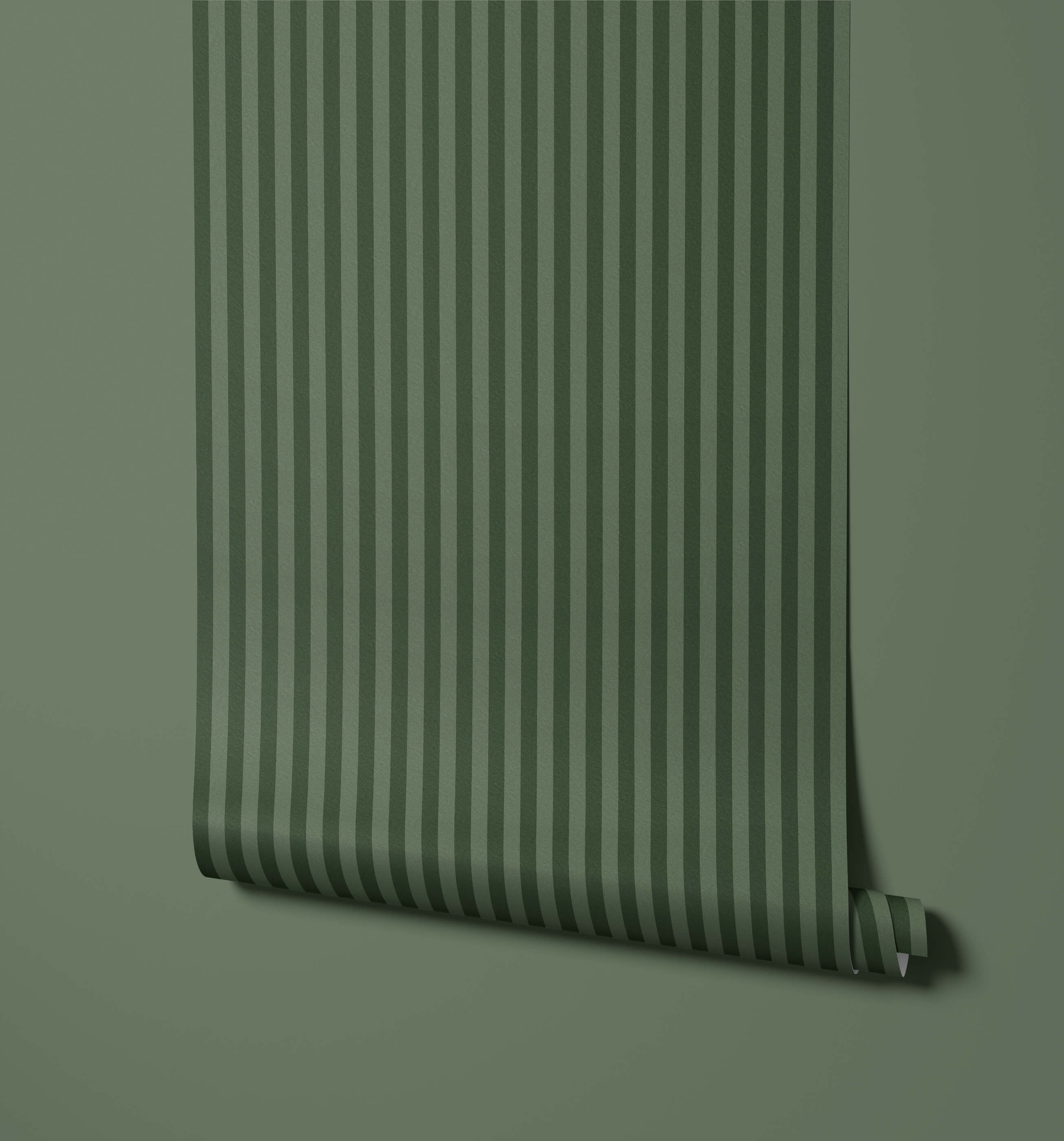 Roll of green striped wallpaper on a matching background
