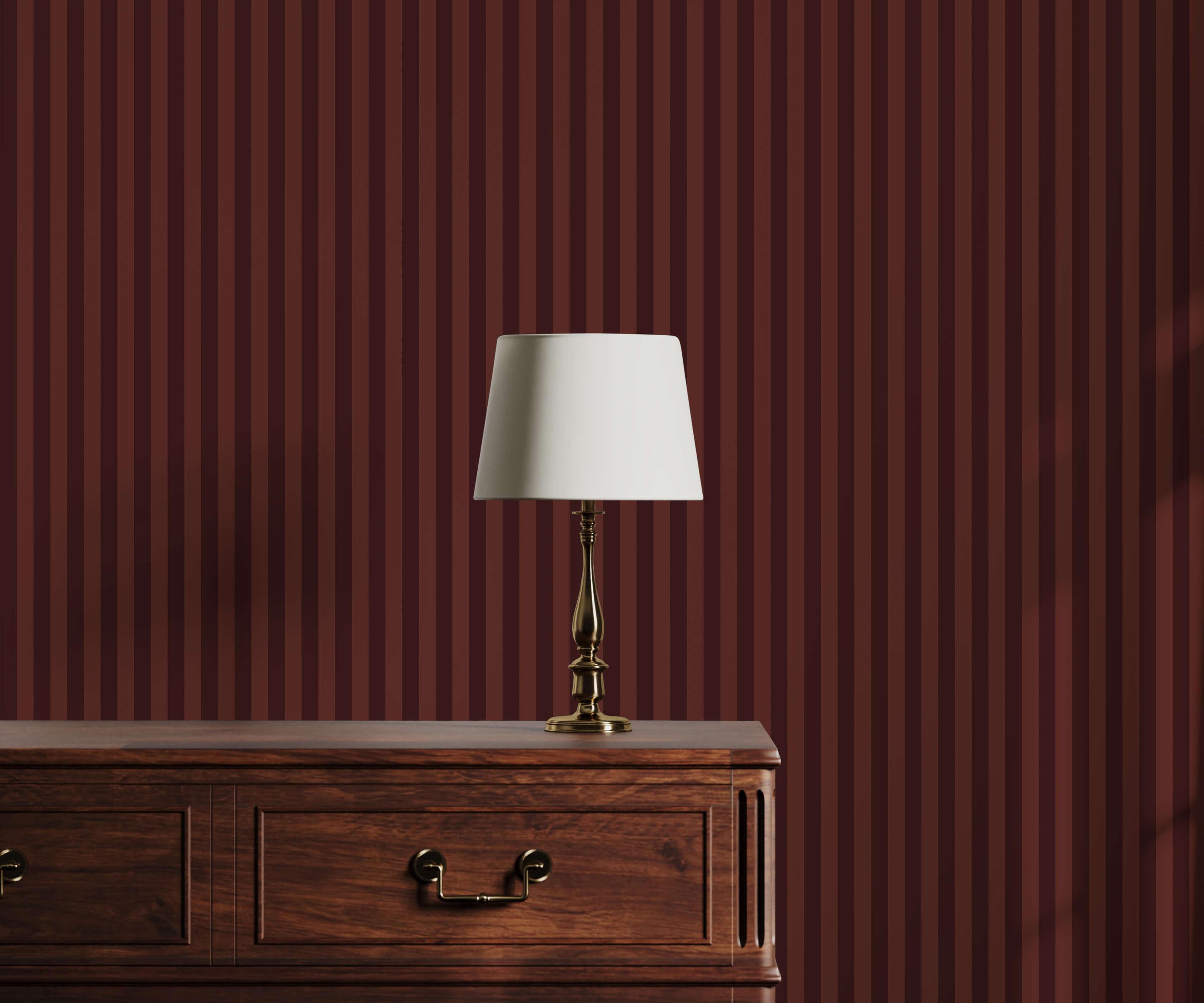 Small table lamp on a wooden side table against a maroon wall
