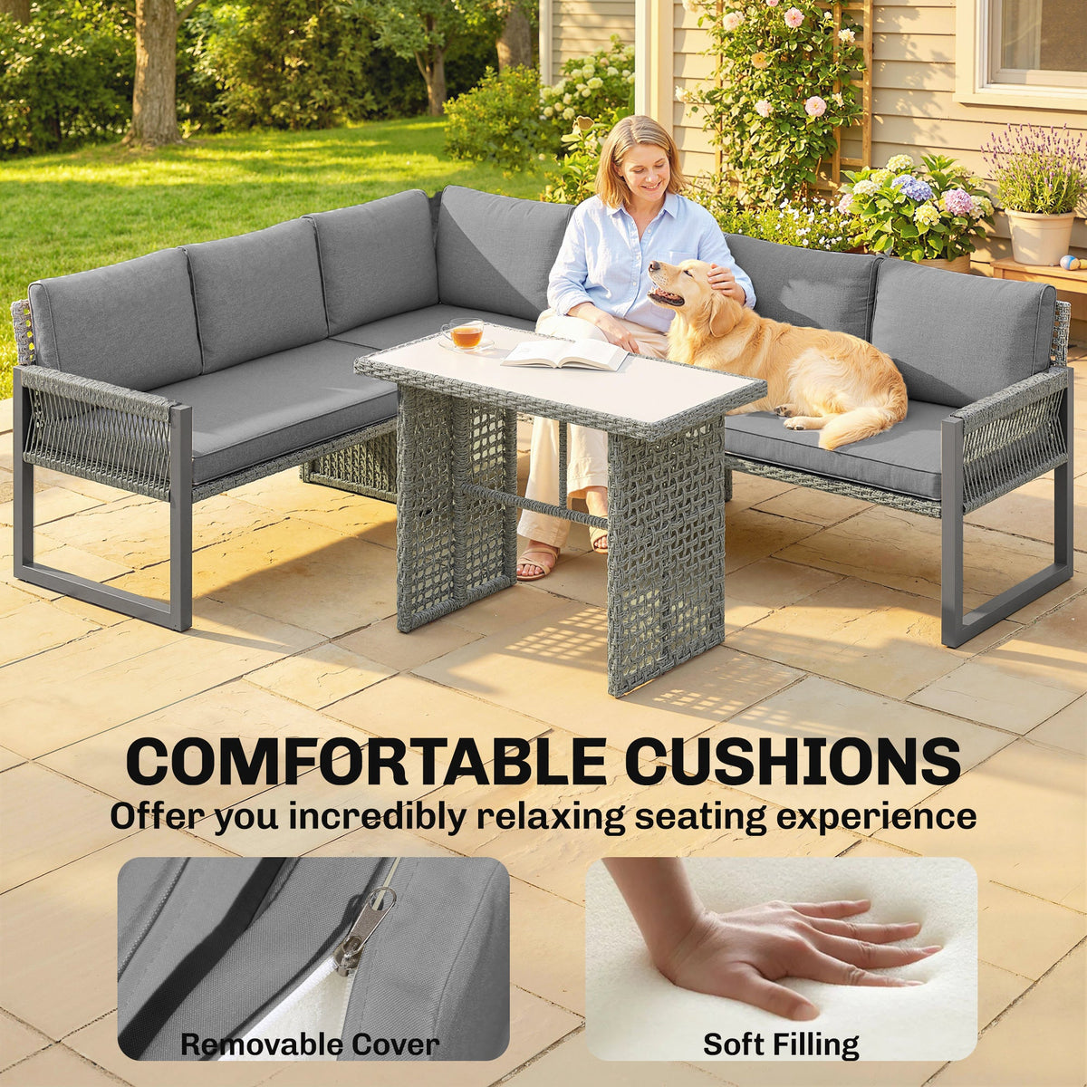 Outsunny 6 Seater Rattan Garden Furniture Set with 3 Loveseats, Table, Patio Rattan Furniture Corner Sofa Set, Grey