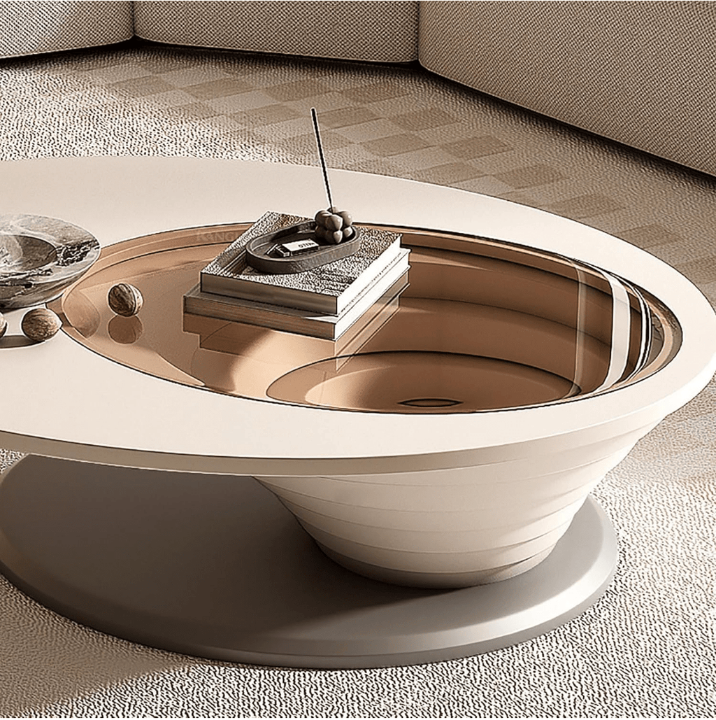 Modern living room with a Gray sofa, coffee table, and decorative elements.