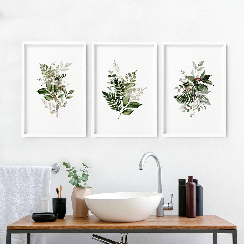 Framed Bathroom Wall Art – Set of 3 Green Botanical Prints