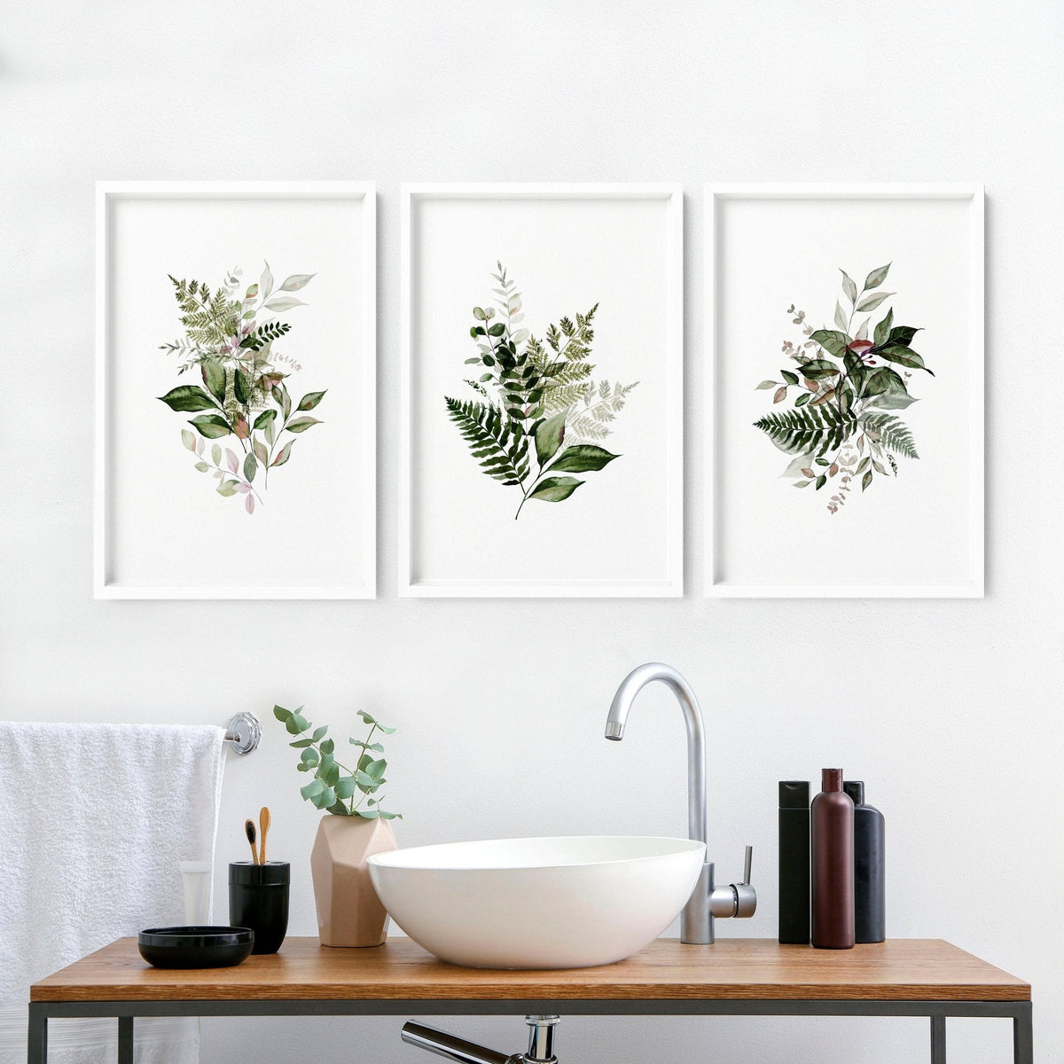 Framed Bathroom Wall Art – Set of 3 Green Botanical Prints