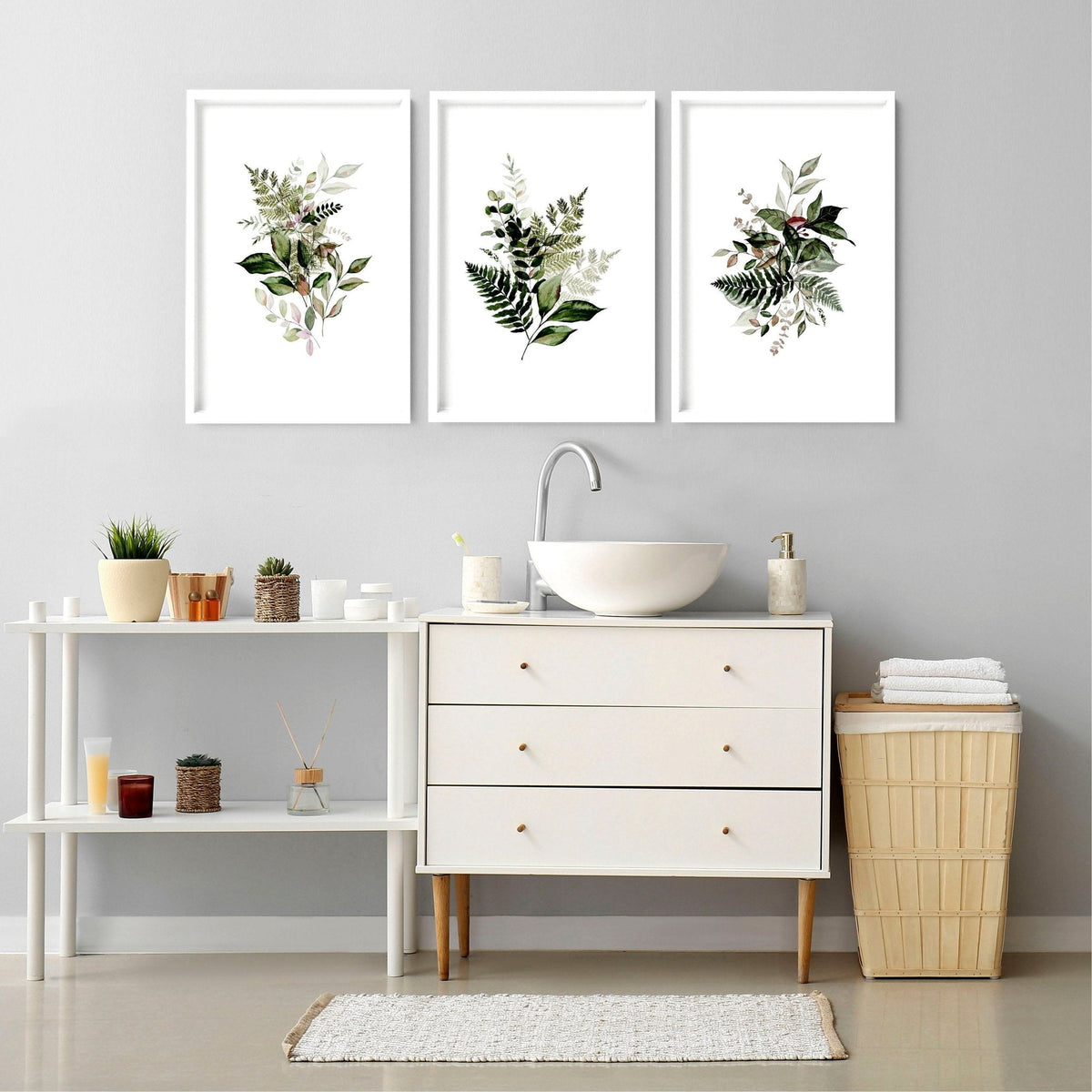 Framed Bathroom Wall Art – Set of 3 Green Botanical Prints
