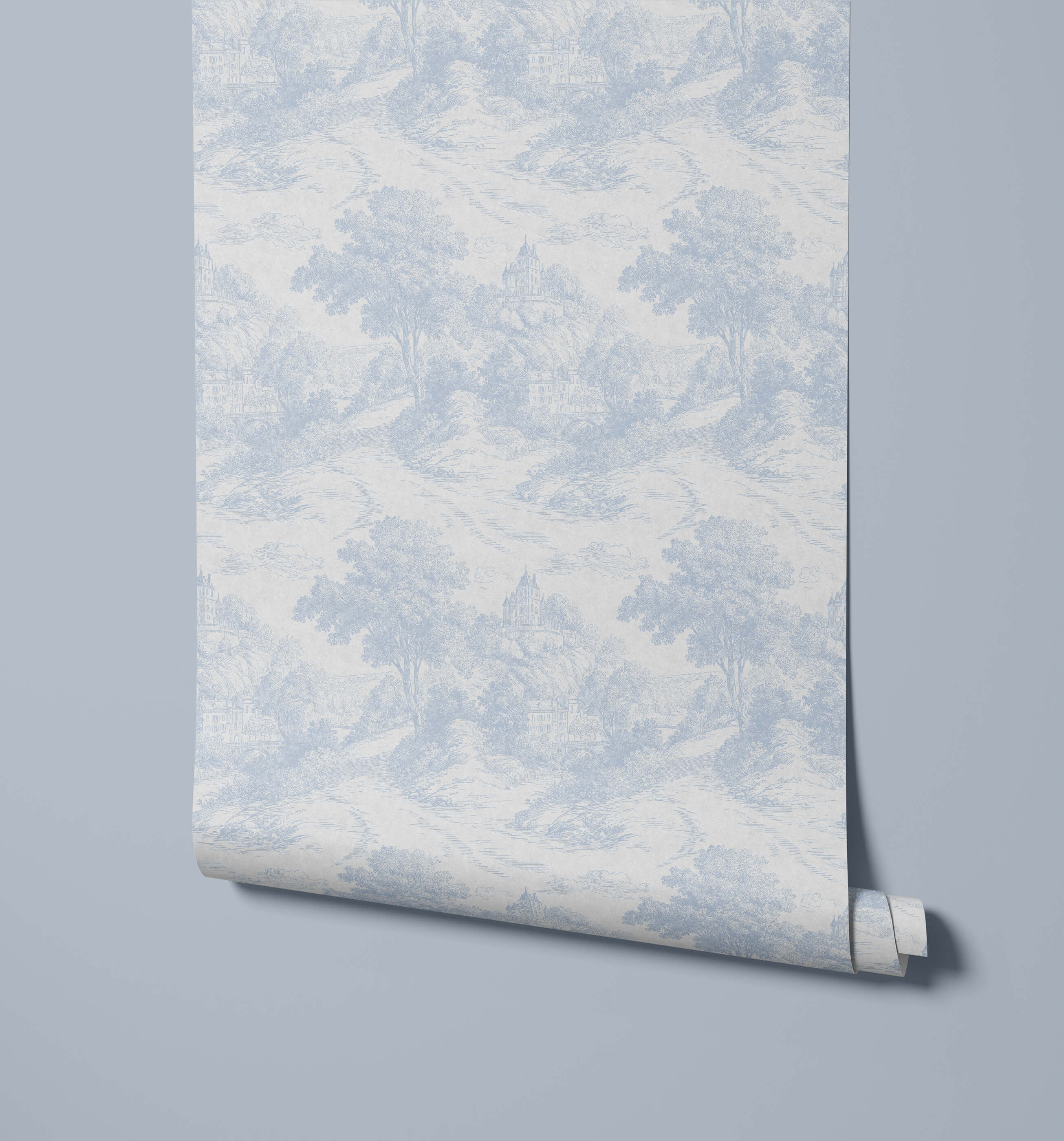 Roll of wallpaper with a blue and white abstract pattern on a gray background