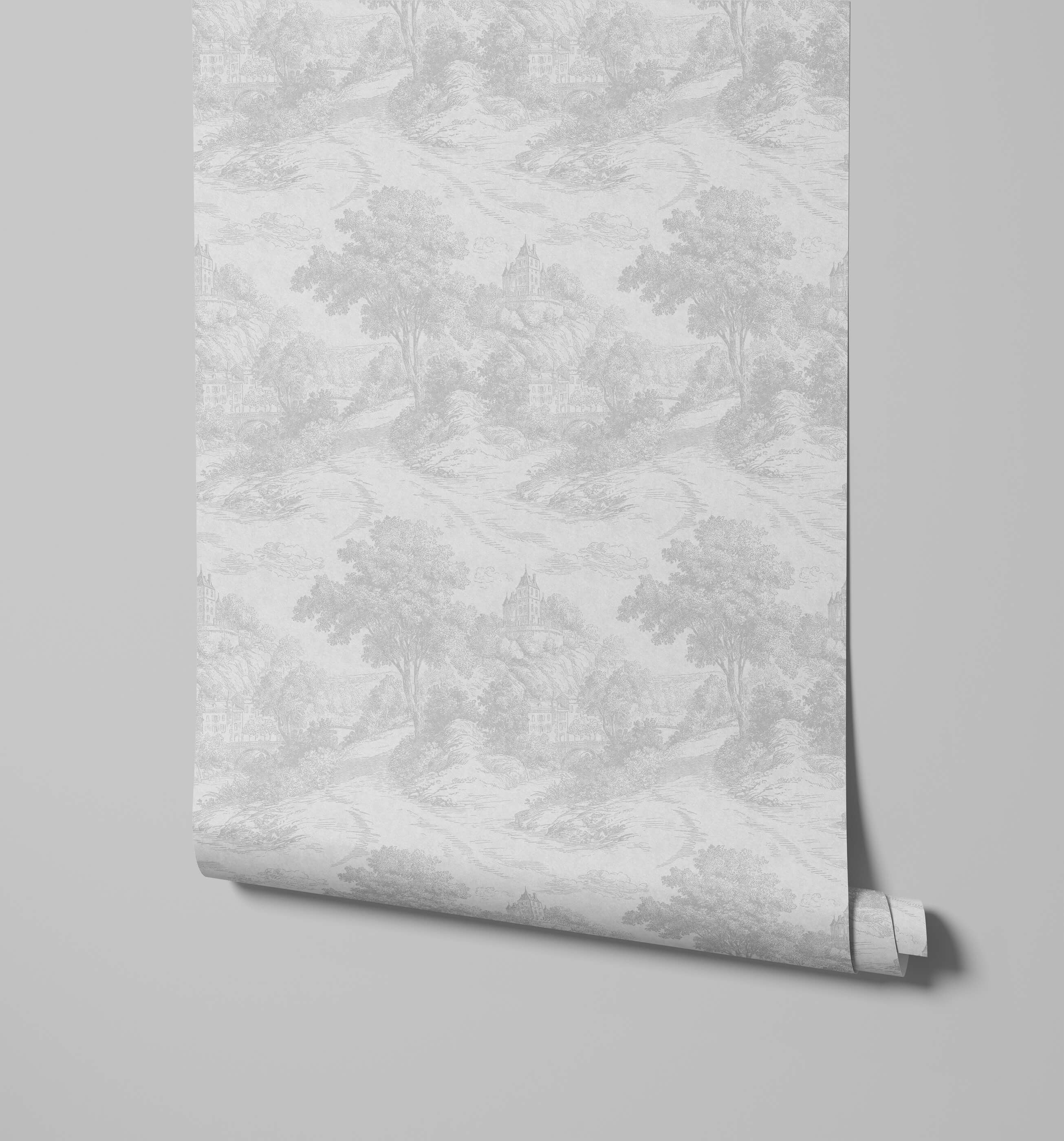 Roll of gray textured wallpaper on a gray background