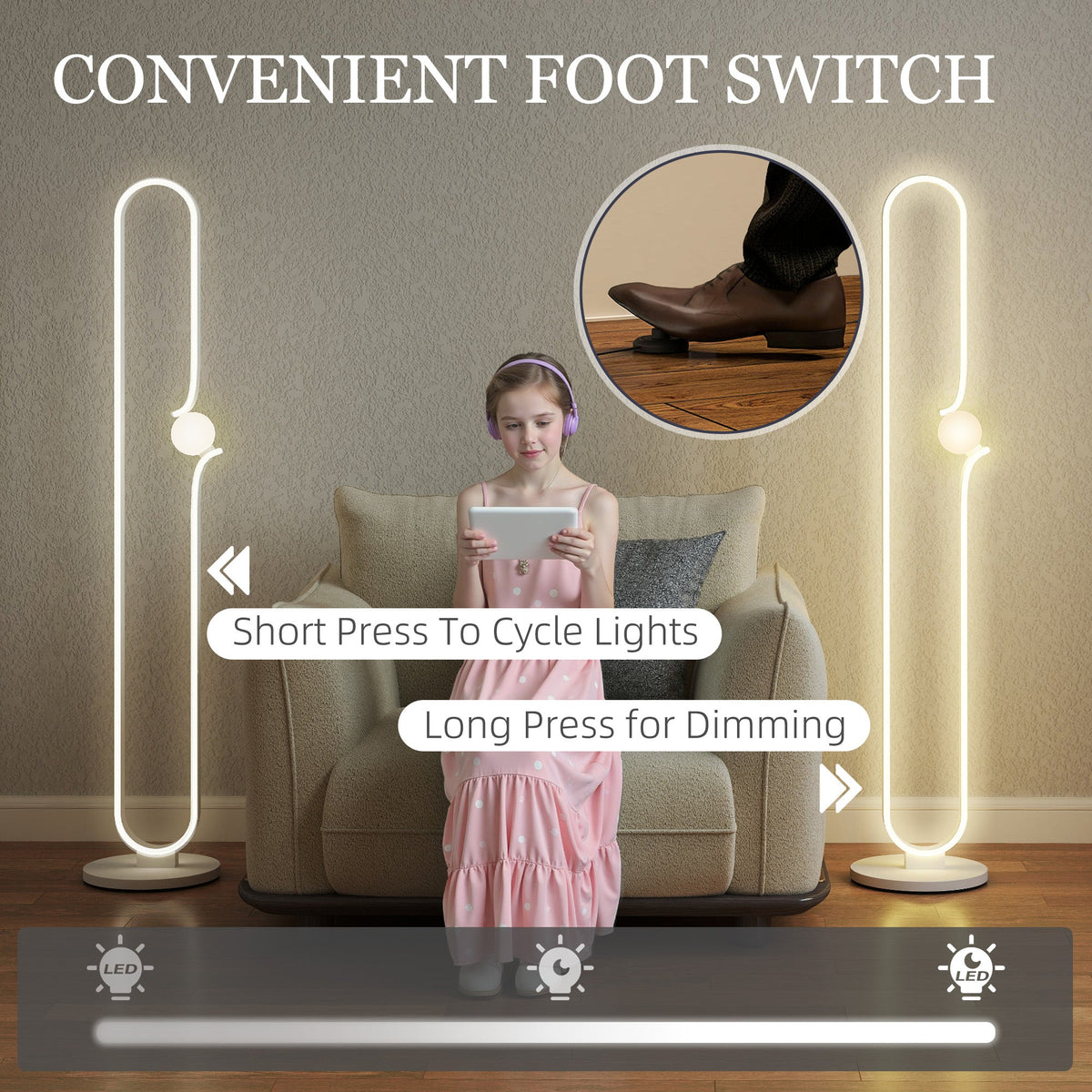 HOMCOM LED Floor Lamp, Dimmable Floor Standing Lamp with Glass Night Light, Foot Switch for Living Room, Bedroom, Office, White