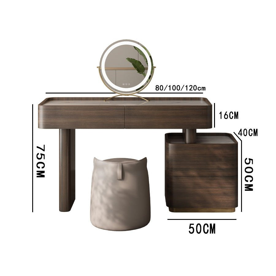 Wooden vanity table with dimensions labeled on a white background
