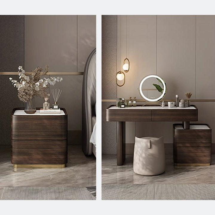 Bathroom setup with wooden vanity, mirror, and decorative elements.