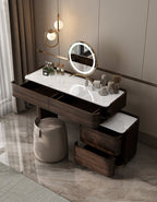 Modern vanity with mirror and toiletries in a bathroom setting