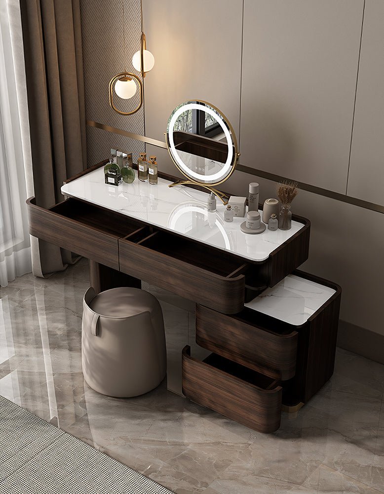 Modern vanity with mirror and toiletries in a bathroom setting