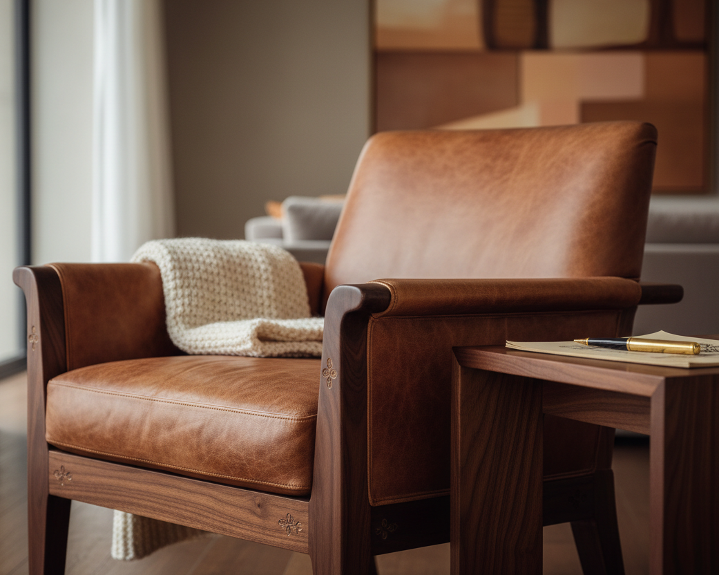 Brown leather armchair with a blanket in a room setting