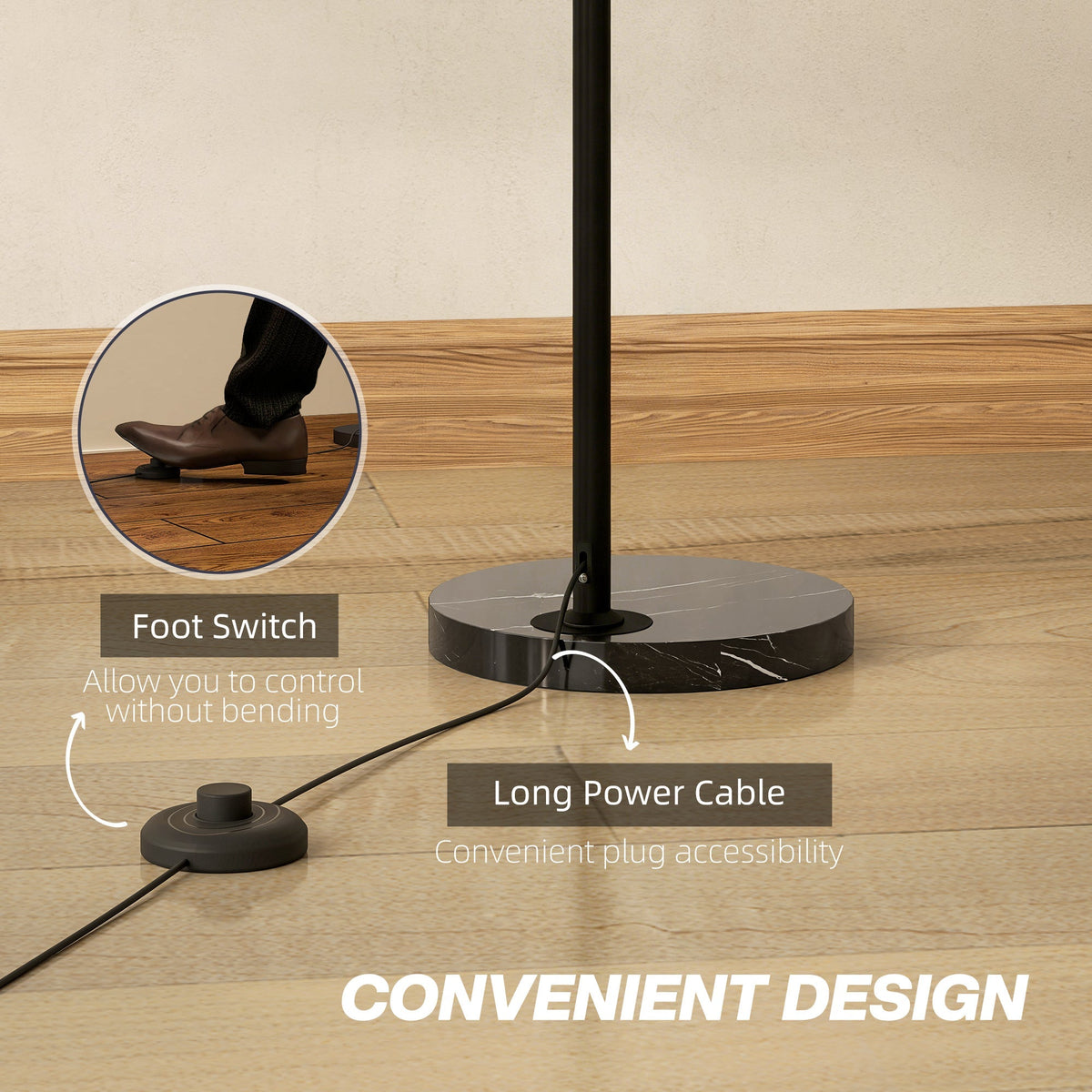 HOMCOM Arc Floor Lamp for Living Room, Modern Adjustable Standing Lamp with Faux Black Marble Base Black - MOOAZAA