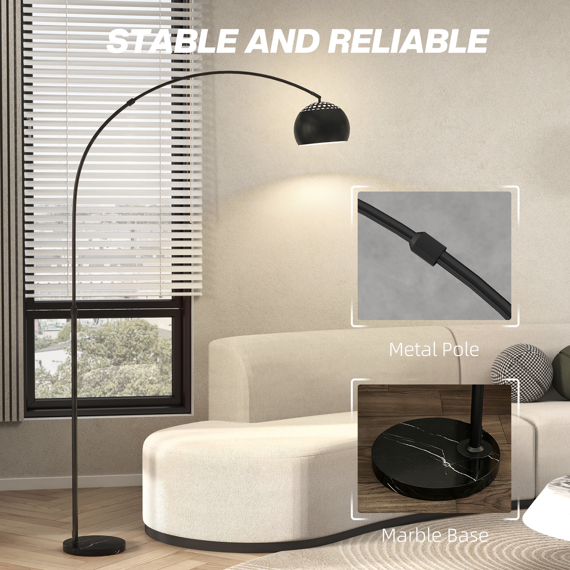 HOMCOM Arc Floor Lamp for Living Room, Modern Adjustable Standing Lamp with Faux Black Marble Base Black - MOOAZAA
