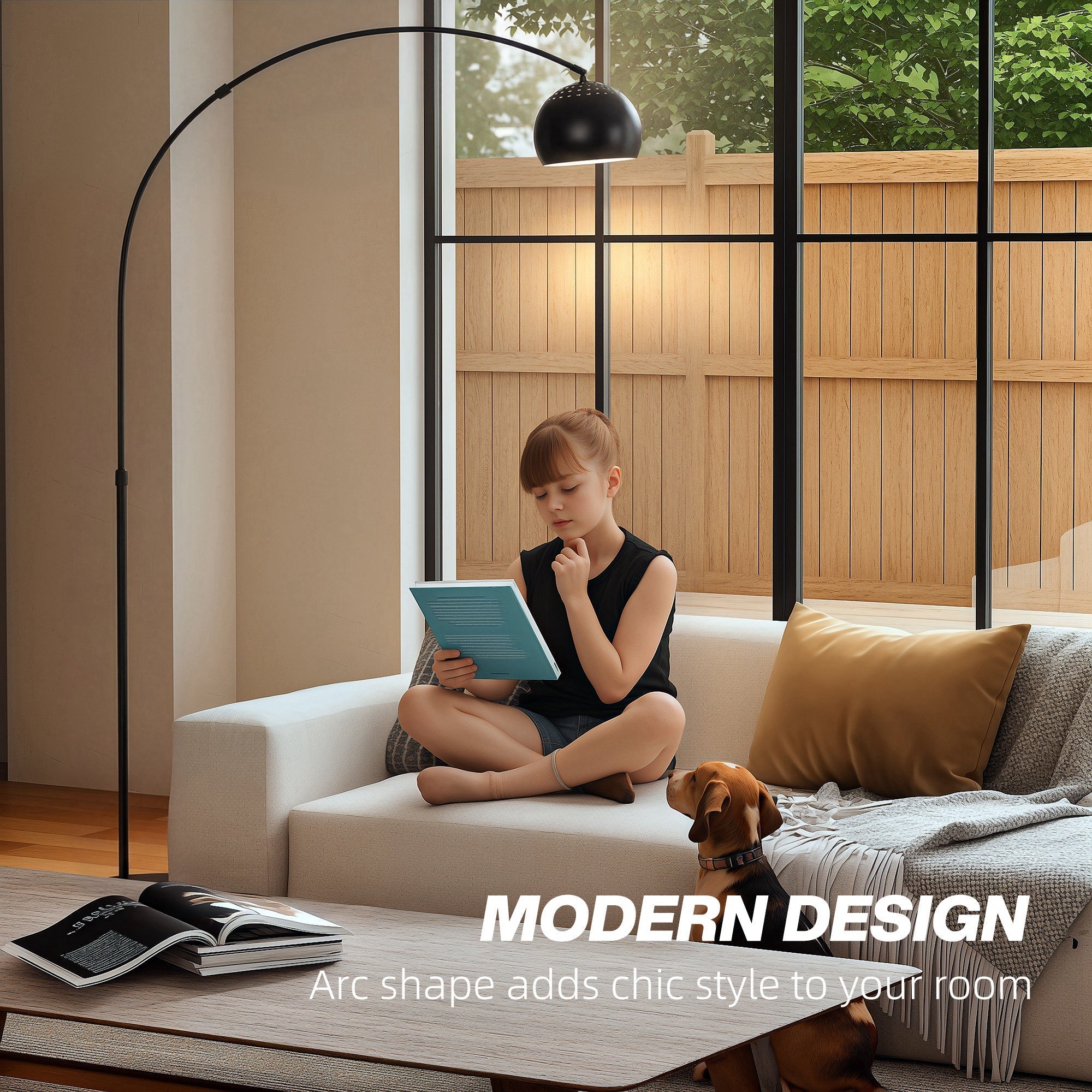 HOMCOM Arc Floor Lamp for Living Room, Modern Adjustable Standing Lamp with Faux Black Marble Base Black - MOOAZAA